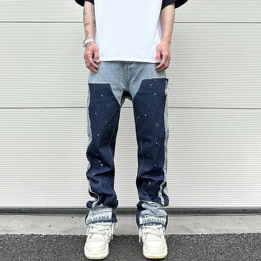 Stitching ink splashed jeans men's street American fashion micro flared pants