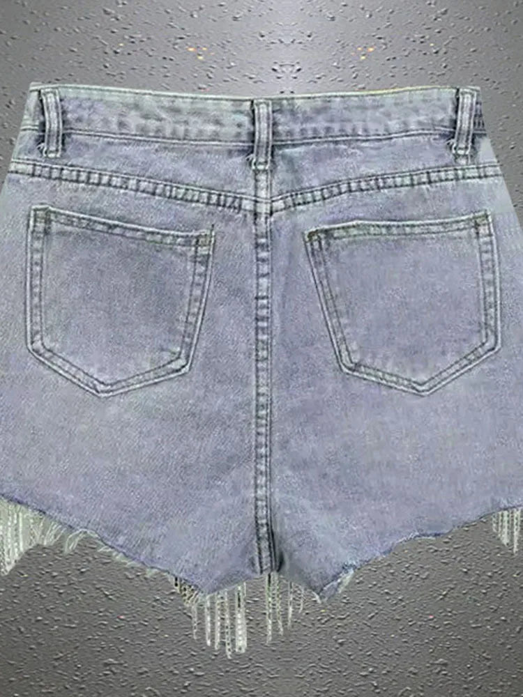 Diamond Chain Tassel Edge High Waist Straight Wide Leg Denim Shorts