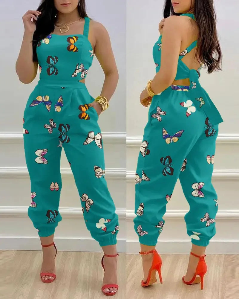 Elegant Women's jumpsuit Hollow Sexy Off waist Printed jumpsuit