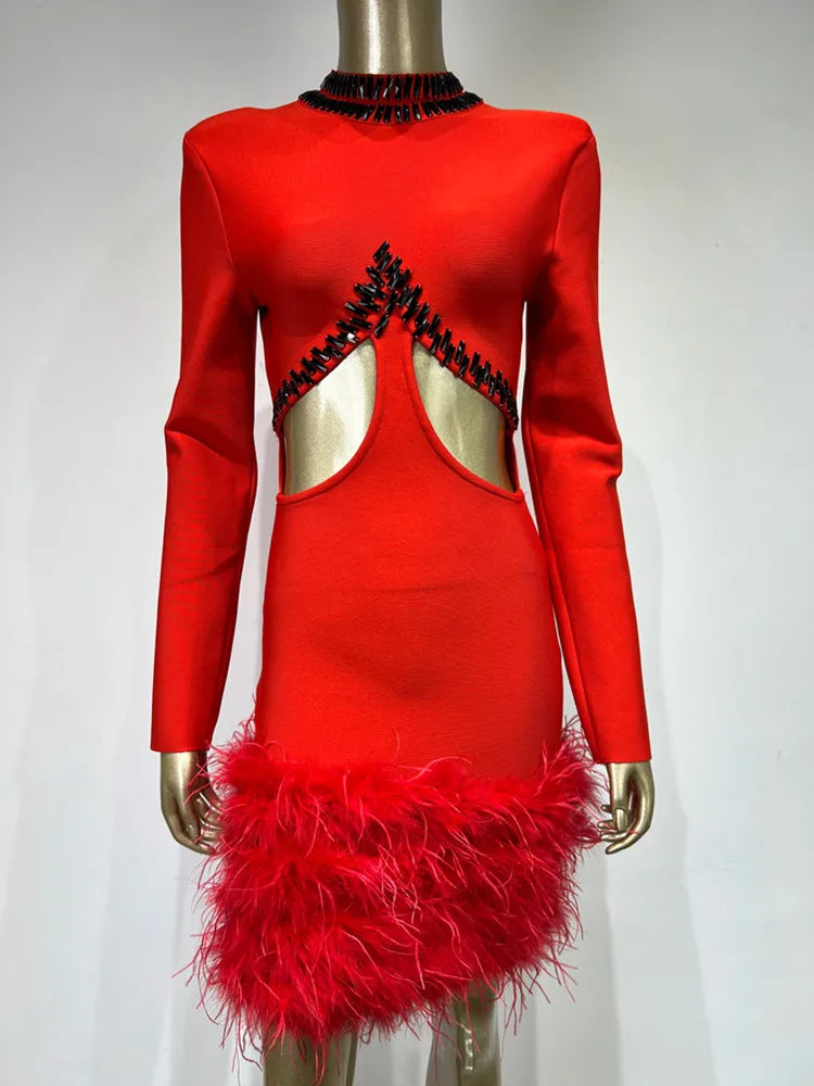 Women Luxury Sexy Long Sleeve Beading Feather Red Mini Bandage Celebrity Dress