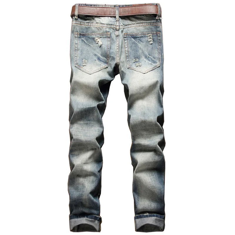 New Men's Hip Hop High Street Motorcycle Jeans Badge Distressed Ripped Denim Trousers Male