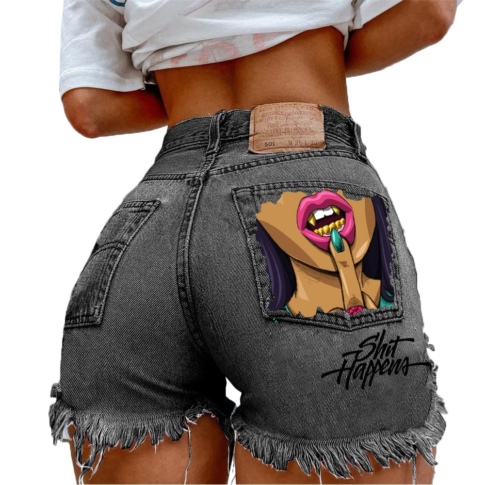 Denim Shorts Women High Street Net Red Lips Printed Jean Shorts