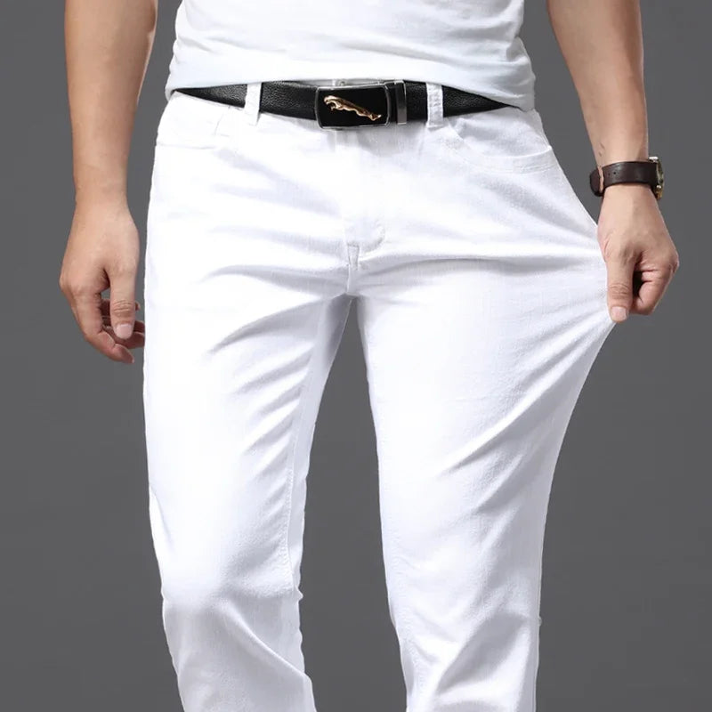 White Soft Stretch Denim Men Jeans Fashion Casual Classic Style Slim Trousers