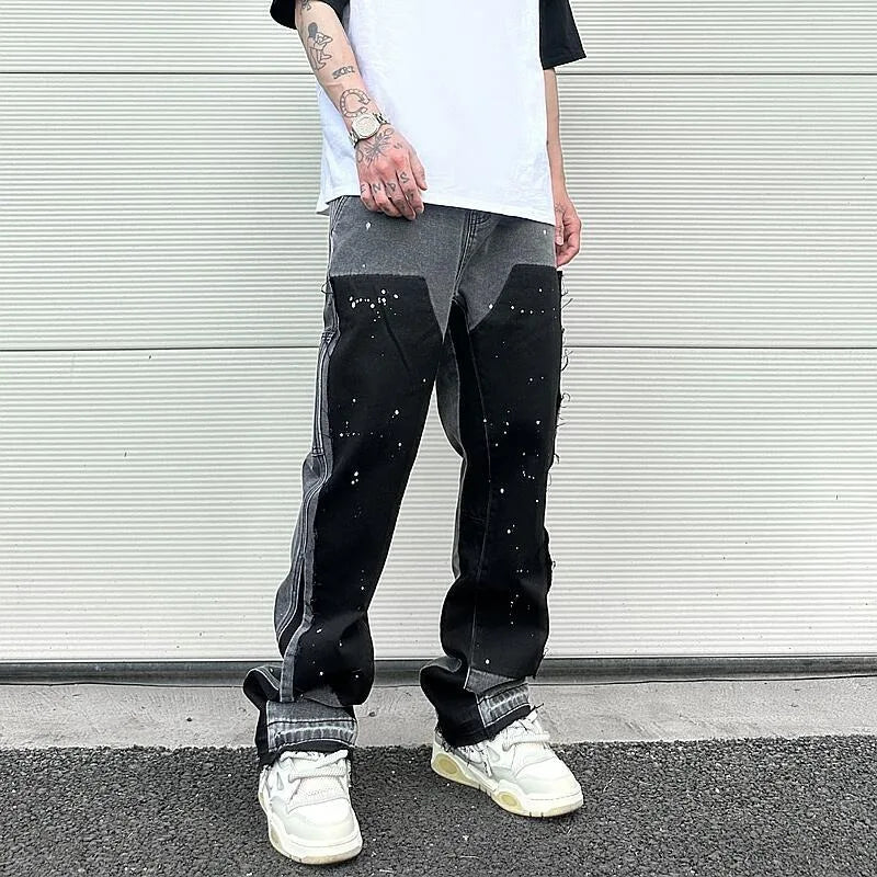 Stitching ink splashed jeans men's street American fashion micro flared pants