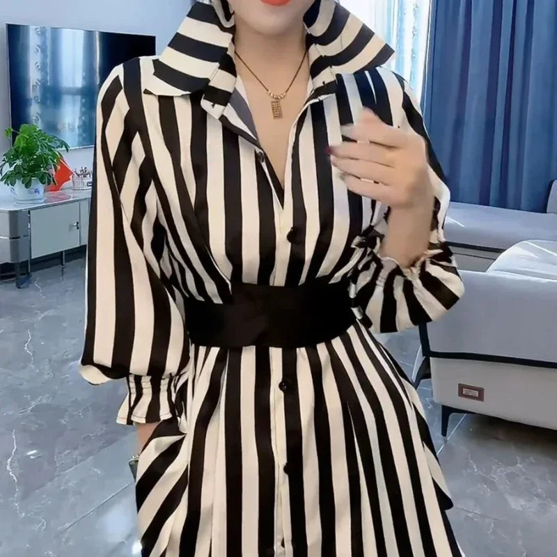 Striped High Quality Woman Long Sleeve Dress