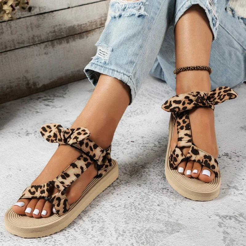 Women's Leopard Print Bow Sandals