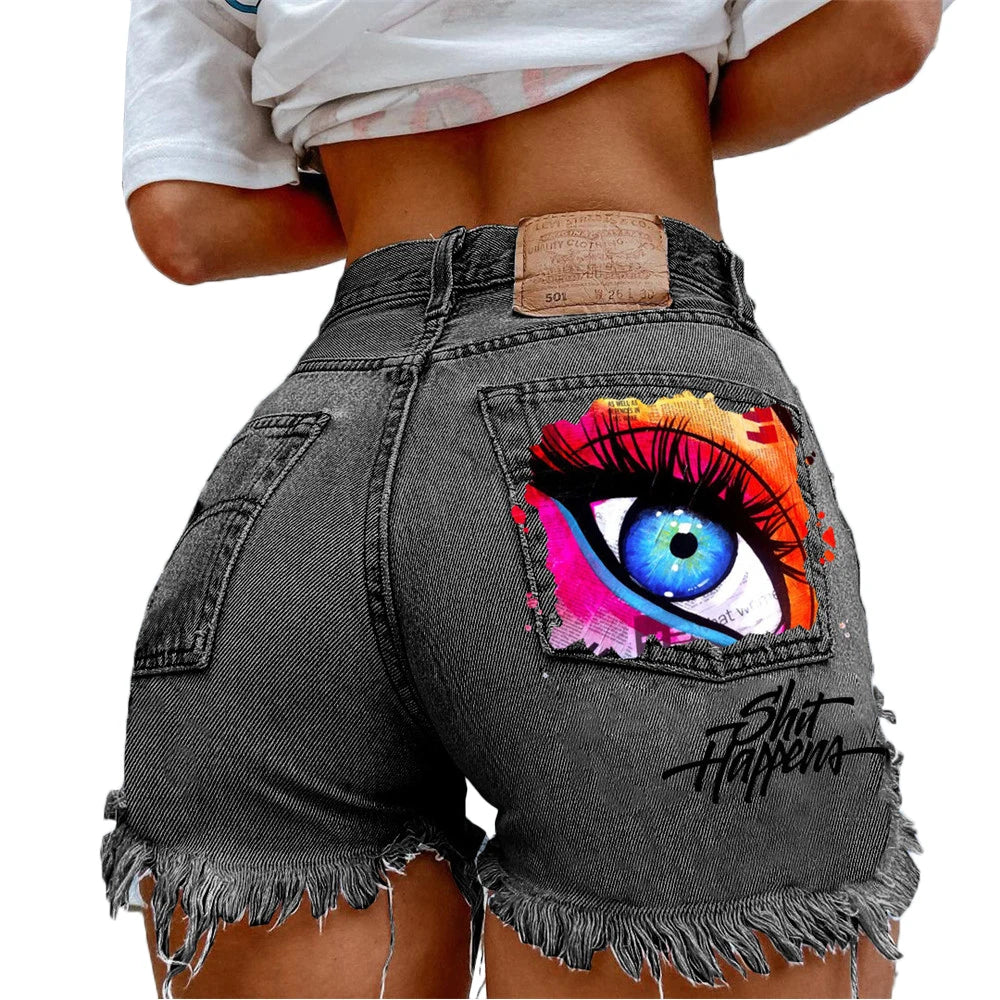 Denim Shorts Women High Street Net Red Lips Printed Jean Shorts