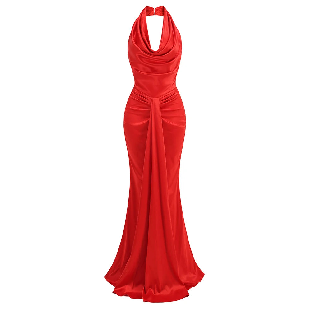 Red Color Women Sexy Off the Shoulder Backless Satin Long Maxi Dress Wedding Party Mermaid