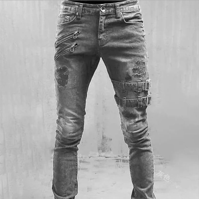 Plus Size Straight Jeans Man Skinny Zips 3 Colors Cacual Long Denim Trousers