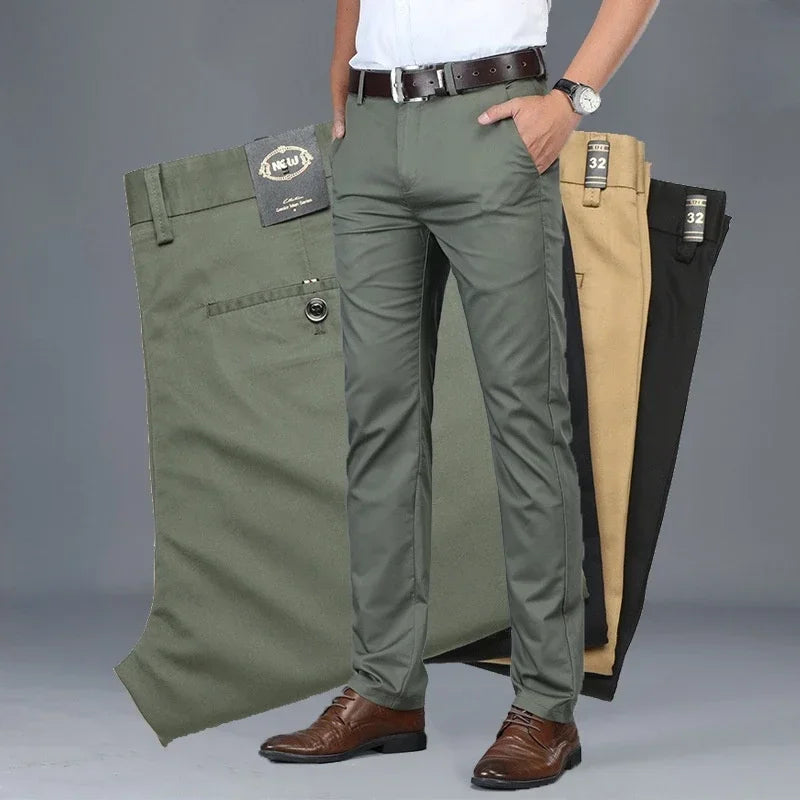 High Quality Soft Thin Cotton Casual Pants Mens Clothing Straight Office Business Green Black Khaki Trousers