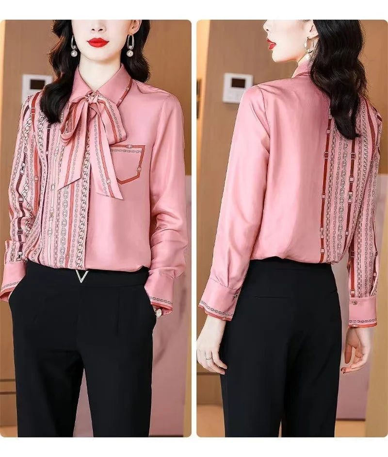 Bow Tie Neck Blouse  Long Sleeve  Pink Luxury