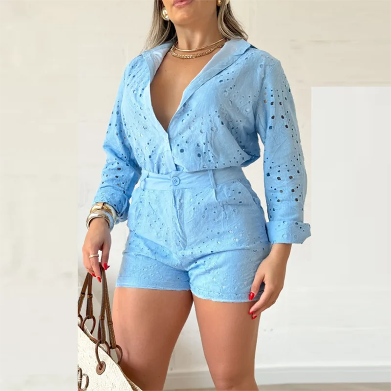 Spring Long-sleeved Hook Crochet Set Women 2 Pieces Laple Neck Button Top Shirt And Shorts Outfits