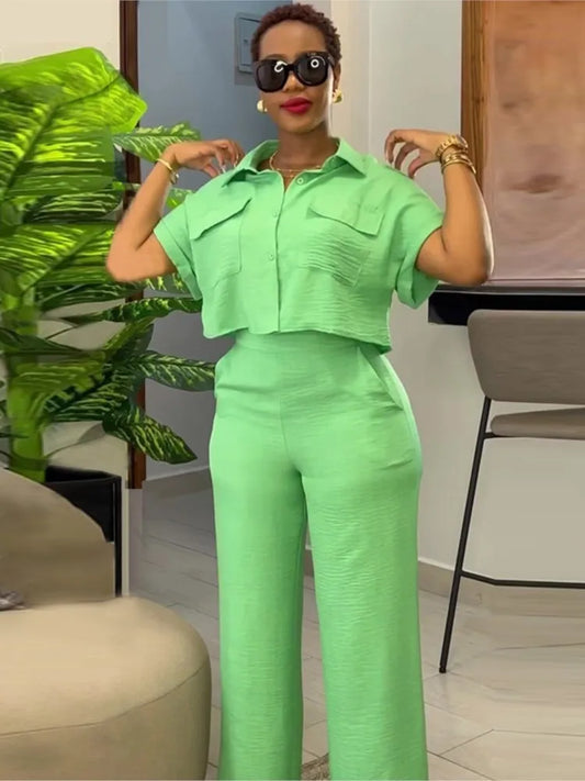 Women's Two Piece Sets Casual Solid Turn-down Neck Short Sleeve Loose Top & Wide Leg Pants