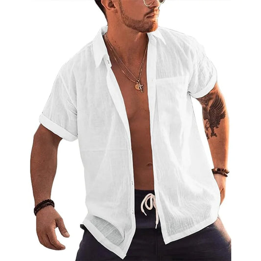 Mens Short Sleeve Button Up Shirts Linen Cotton