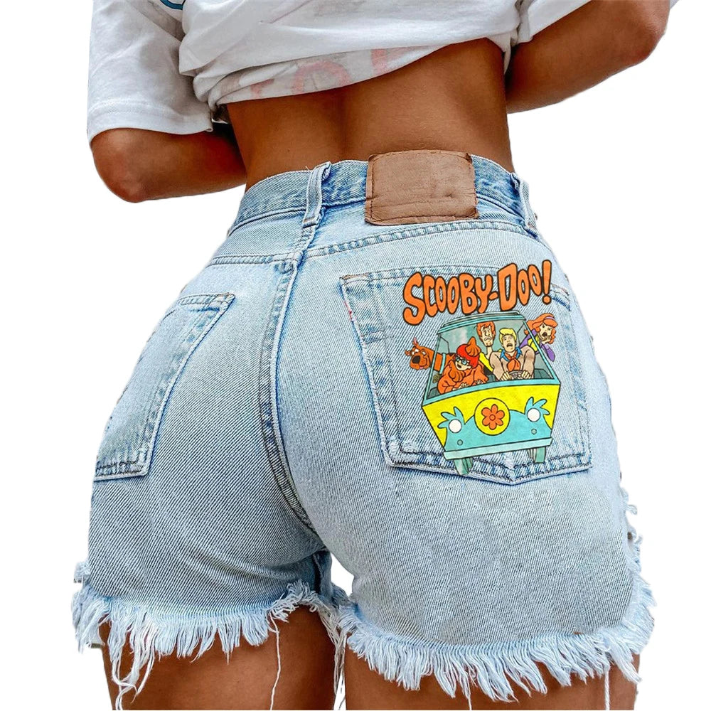 Denim Shorts Women High Street Net Red Lips Printed Jean Shorts