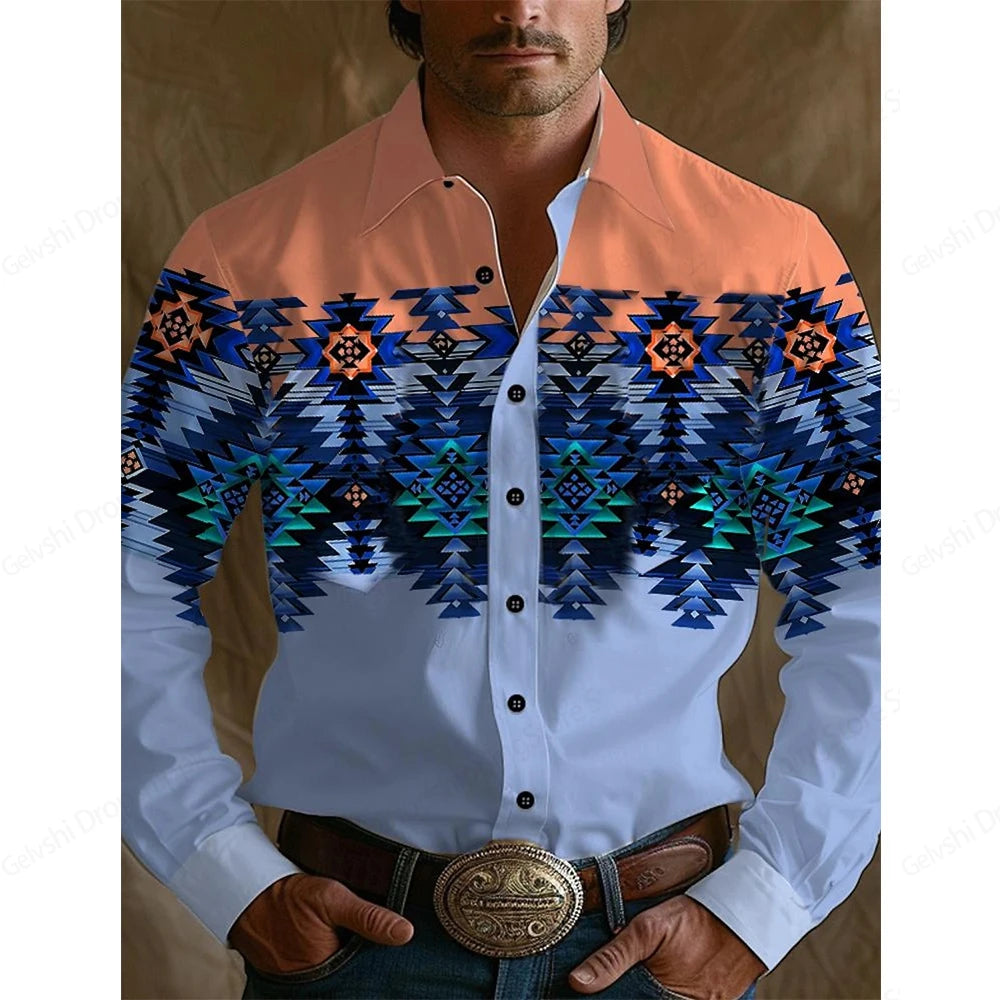 Men's Long Sleeve Shirt Western Style Denim Hawaiian Shirts Vintage comfortable and soft Graphic