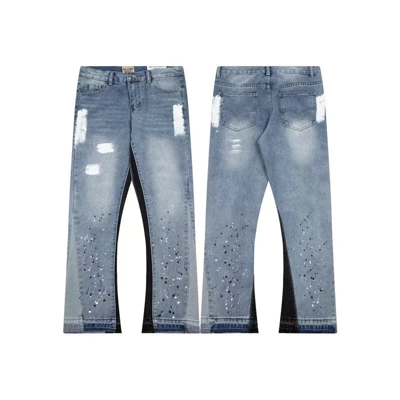 Stitching ink splashed jeans men's street American fashion micro flared pants