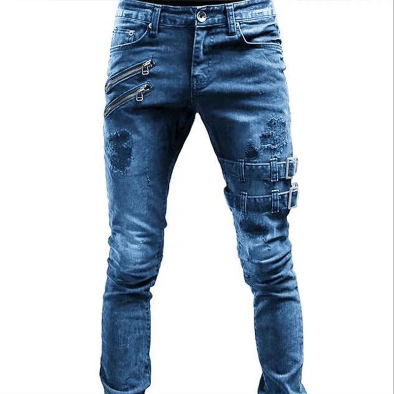 Plus Size Straight Jeans Man Skinny Zips 3 Colors Cacual Long Denim Trousers