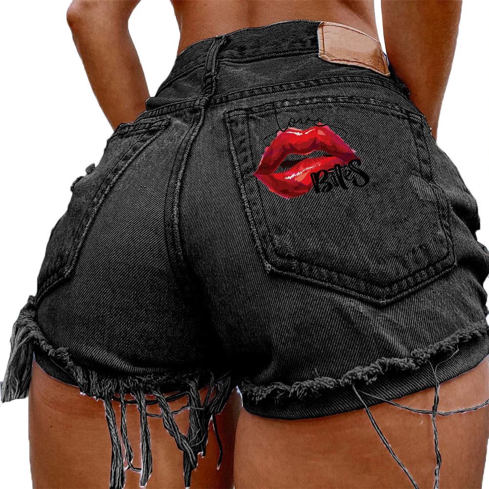 Denim Shorts Women High Street Net Red Lips Printed Jean Shorts