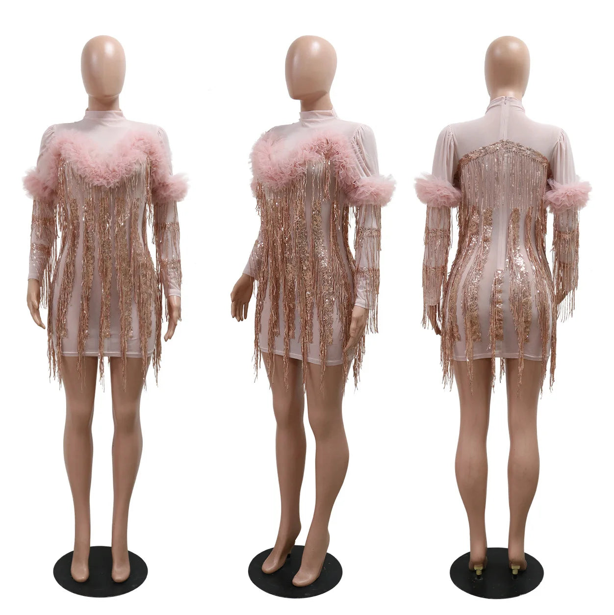 Pink Sequin Fringe Mini Pleated Mesh Ruffle Dresses