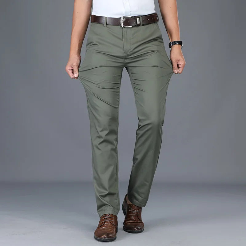 High Quality Soft Thin Cotton Casual Pants Mens Clothing Straight Office Business Green Black Khaki Trousers