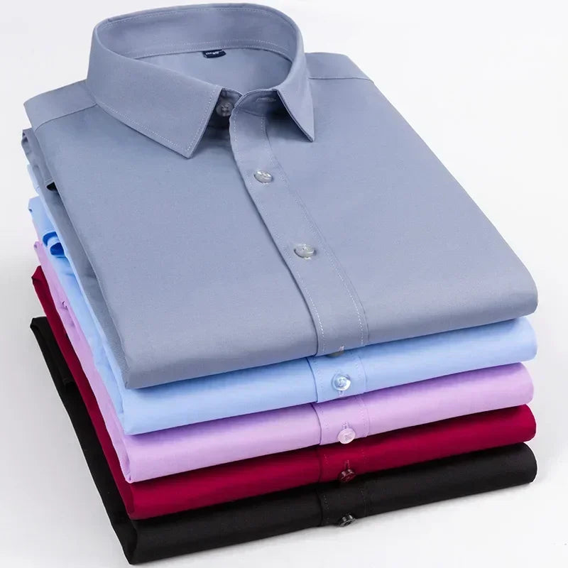 Iron Free Soft Office Tops Solid Color Elastic Long-sleeve Shirts for Men