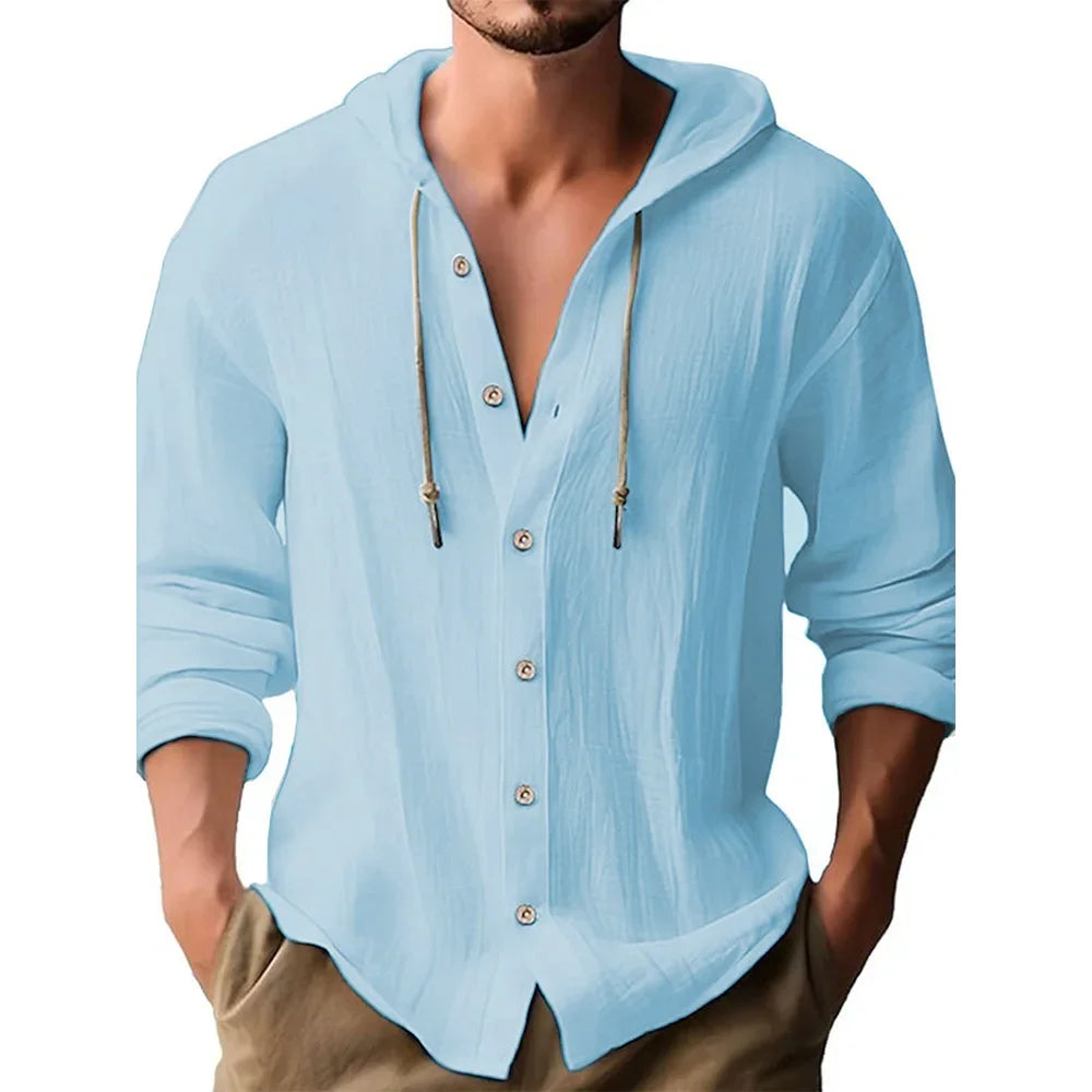 Men's Cotton Linen Shirts Long Sleeve Hooded Cardigan