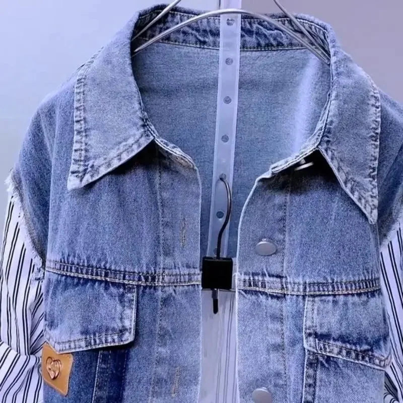 Striped Denim Jacket  New Design Sense Stitching  Coat Top