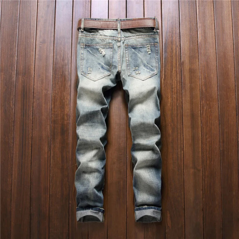 New Men's Hip Hop High Street Motorcycle Jeans Badge Distressed Ripped Denim Trousers Male