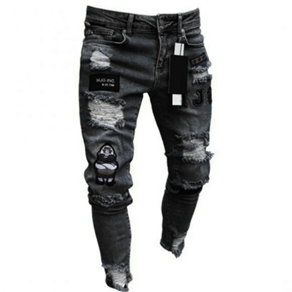 Men's Broken Hole Embroidered Pencil jeans Slim Men Trousers