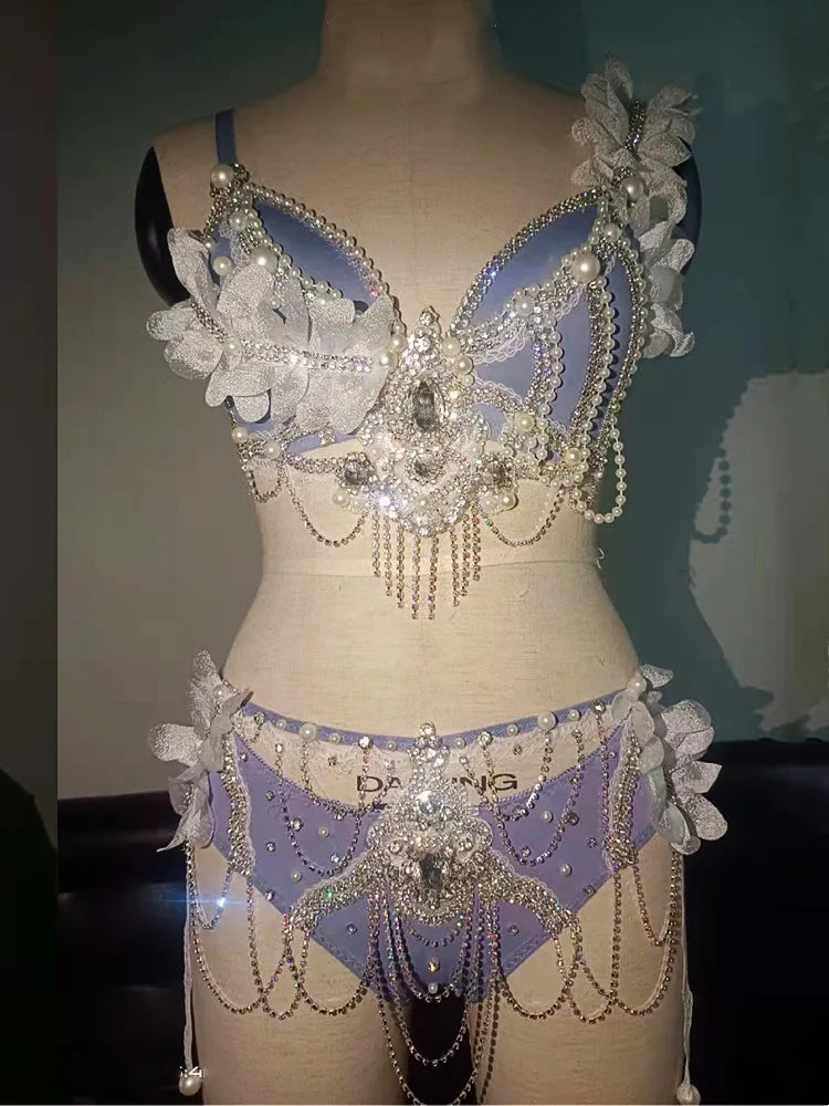 Pearl Rhinestone Bikini Rave Outfits Stage Wear Nightclub Pole Dance Costume