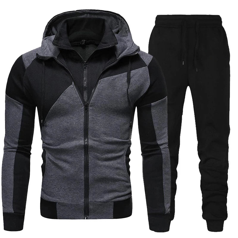 Men Tracksuit Double Zipper Two Pieces Set Mens Sportswear