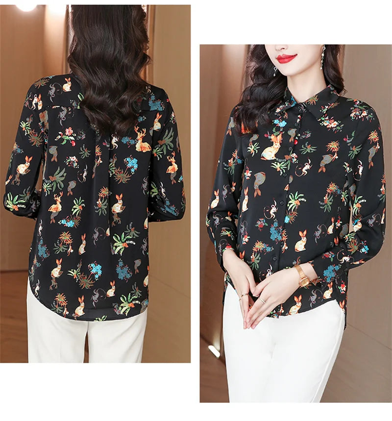 Blusas mujer Black Rabbit Print Blouse Shirts Women