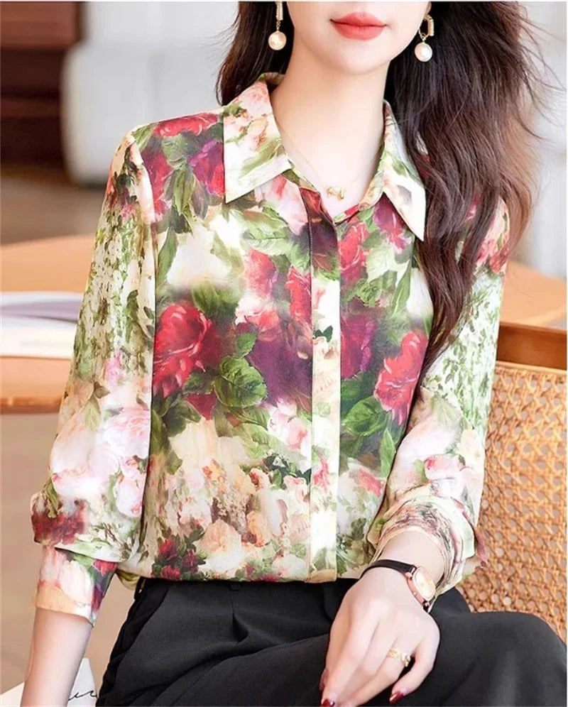 Vintage Rose Print Women Casual Shirts