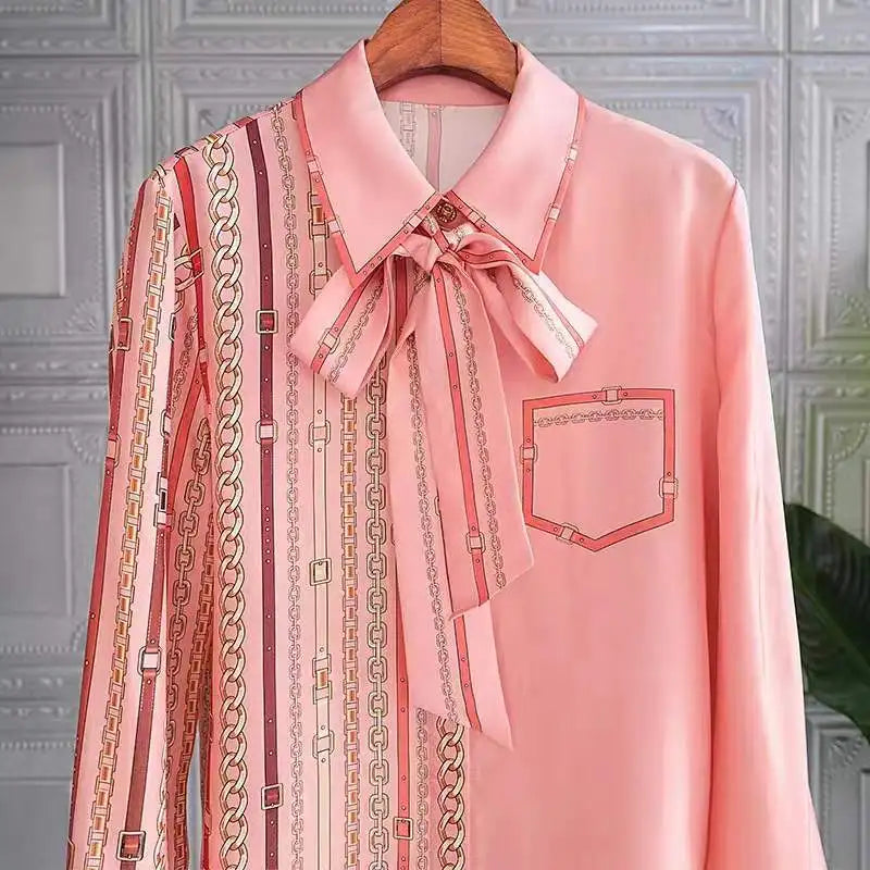 Bow Tie Neck Blouse  Long Sleeve  Pink Luxury