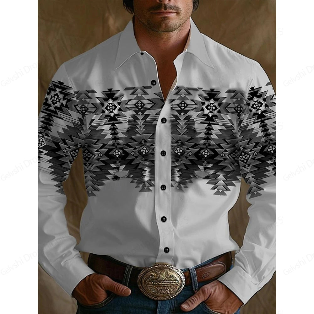 Men's Long Sleeve Shirt Western Style Denim Hawaiian Shirts Vintage comfortable and soft Graphic