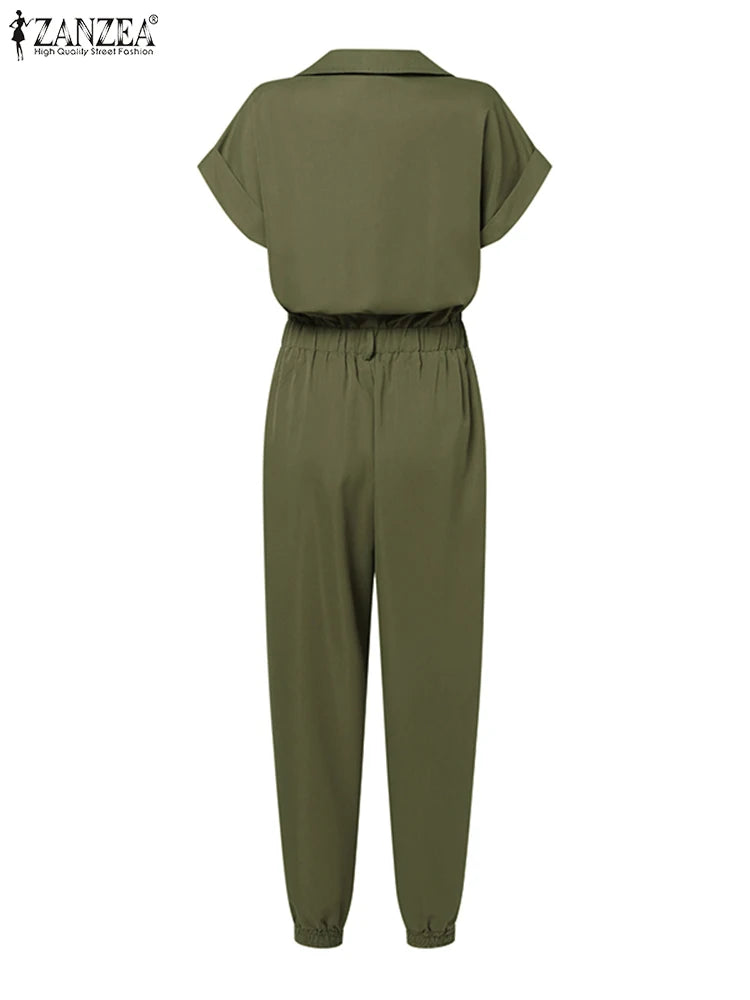 Jumpsuit Vintage Cargo Rompers Woman Lapel Neck Short Sleeve Playsuits