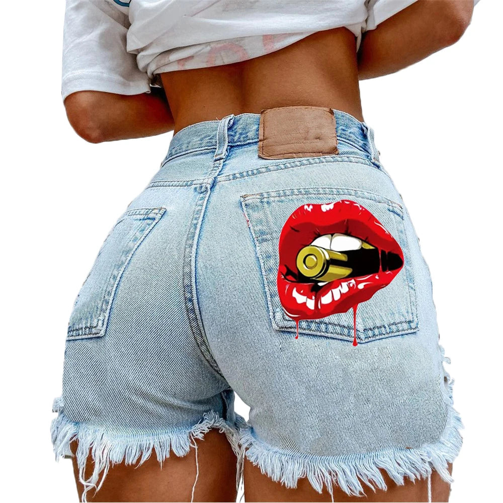 Denim Shorts Women High Street Net Red Lips Printed Jean Shorts