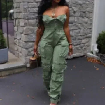 Fashion Women Jumpsuit Strapless Button Front Ruched Cargo Jumpsuit