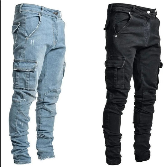 Men's Jeans Denim Pant Mid Waist Cargo Jean Male Slim Fahsion Casual Trousers