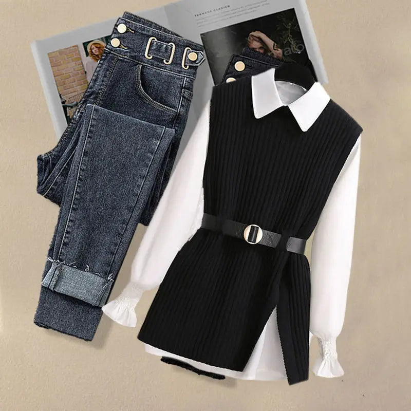 Knitted Vest Shirt Casual Slim Jeans Three Piece Set