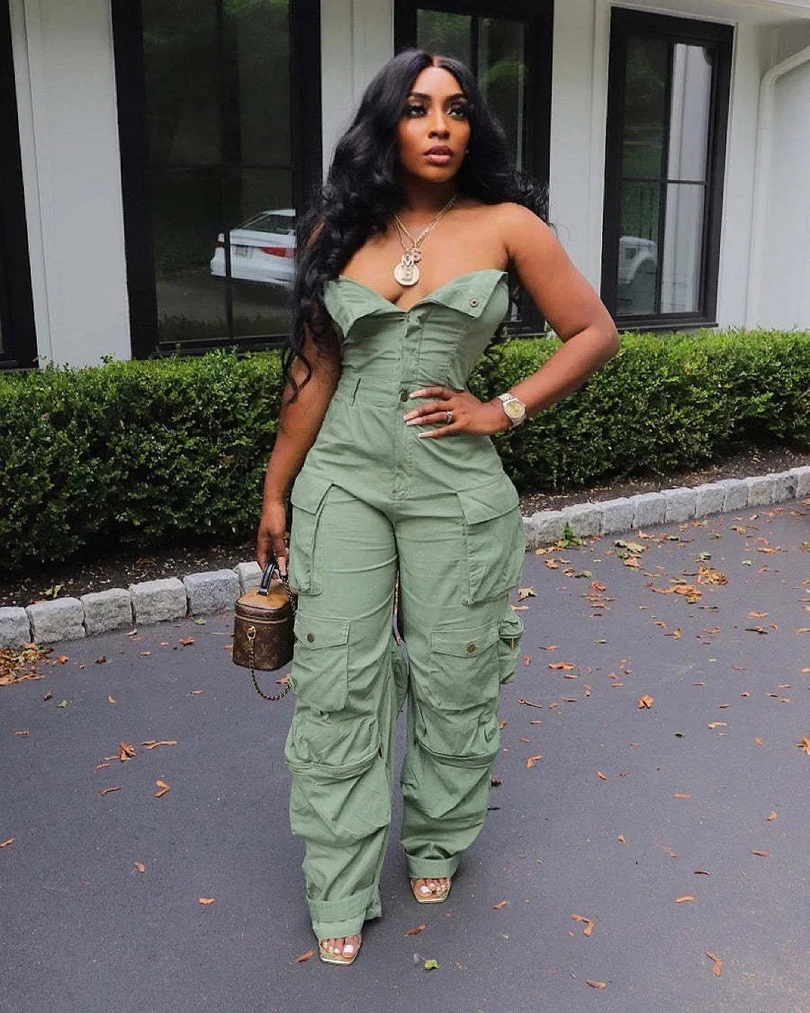 Fashion Women Jumpsuit Strapless Button Front Ruched Cargo Jumpsuit