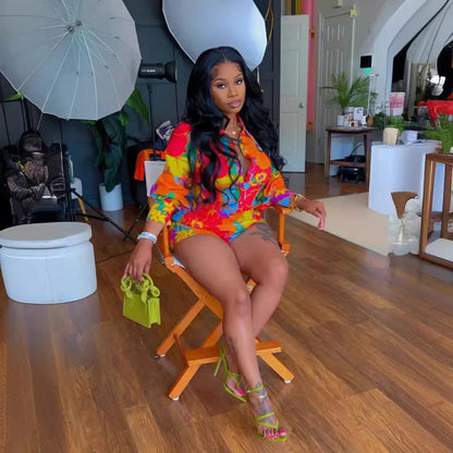 Women's Set Full Sleeve Floral Print Shirt and Pencil Shorts Suit