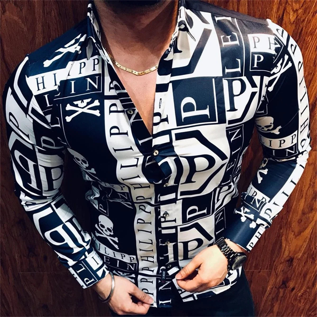 Men's High-end Luxury Shirt 3D Color Printed Long Sleeve Fall Smooth Shirt