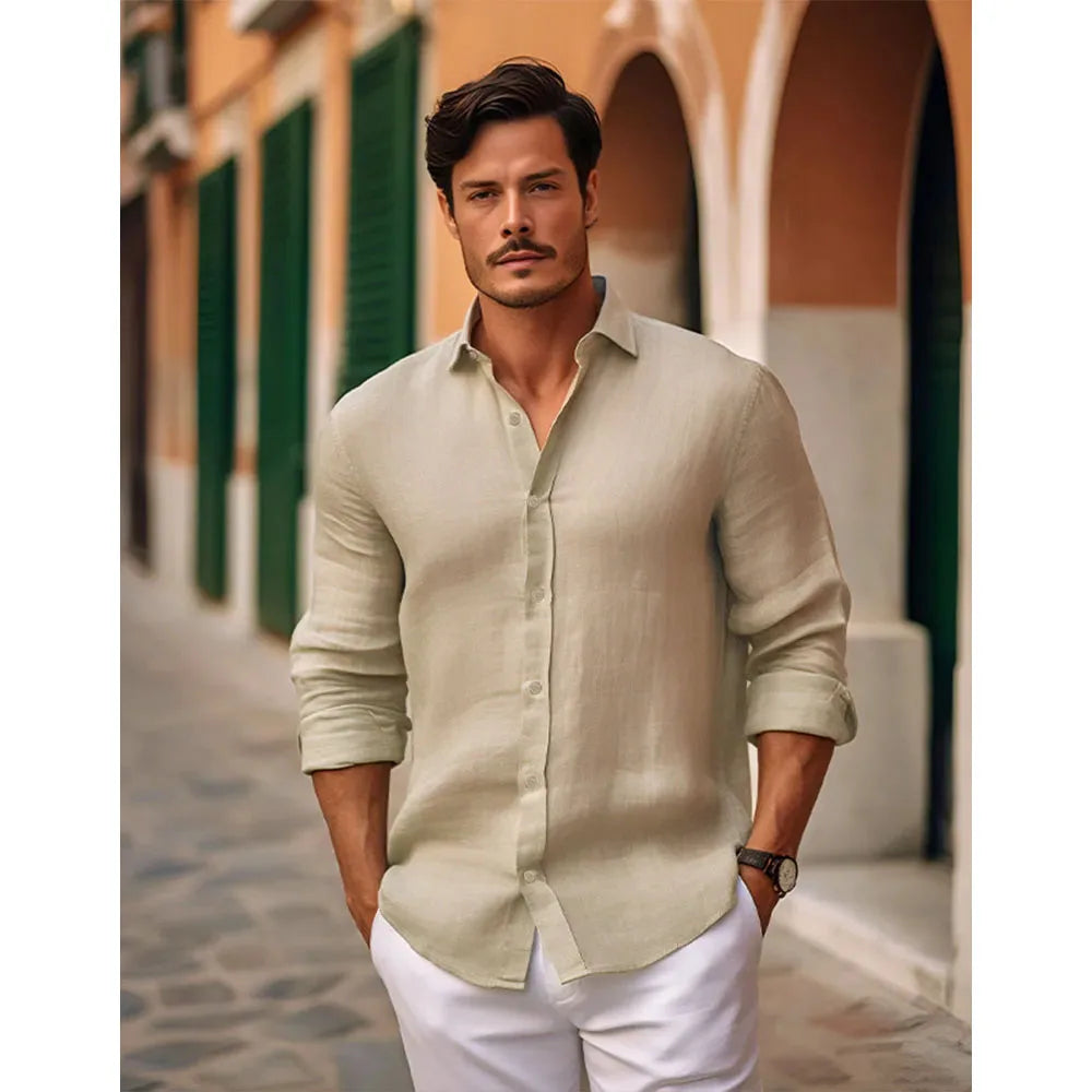 Men's Slim Fit Long-Sleeve Cotton Linen Shirts for Men