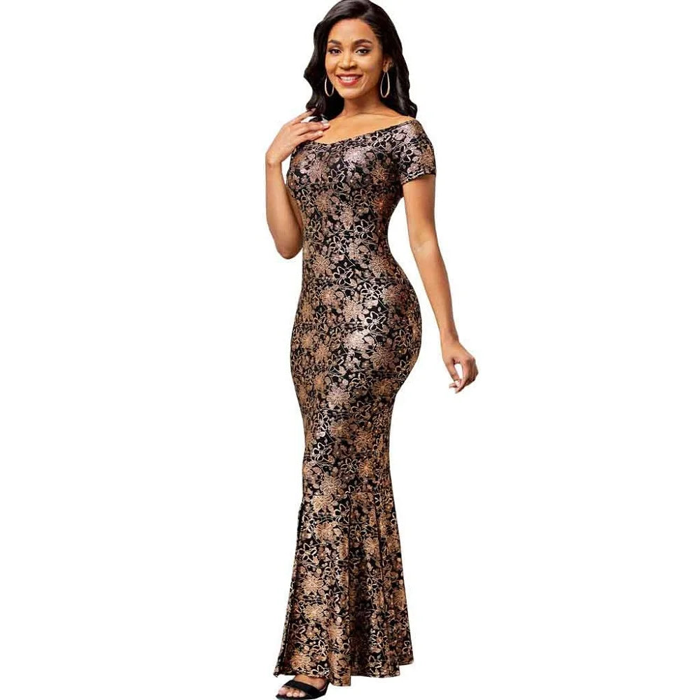 Luxury Designer Off the Shoulder Short Sleeve Sexy Slit Maxi Dress Classy Elegant Flower Party Dress