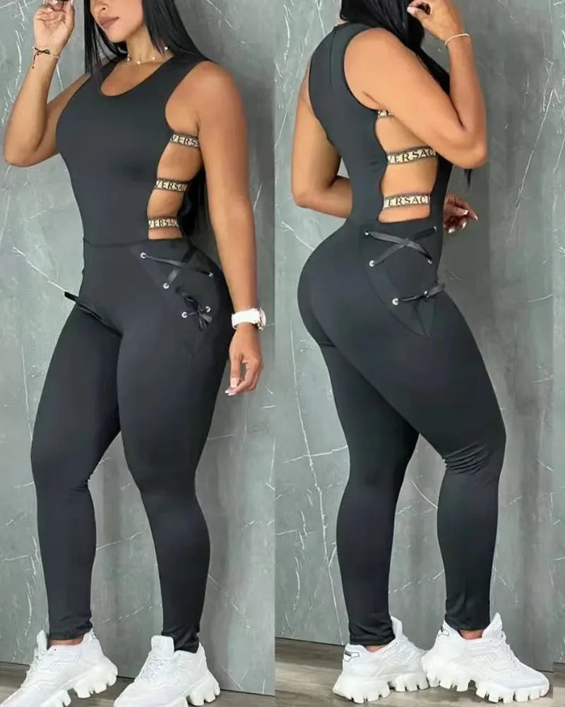 Women's Hollow Out Jumpsuit  Sleeveless Sexy Ladder Yoga Seamless Gym Skinny Casual