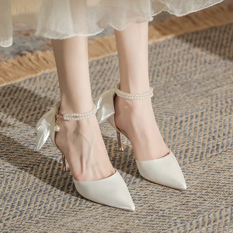 New Women Thin Heel Hollow Sandals  Pearl Butterfly Pointed Toe Wedding Shoes