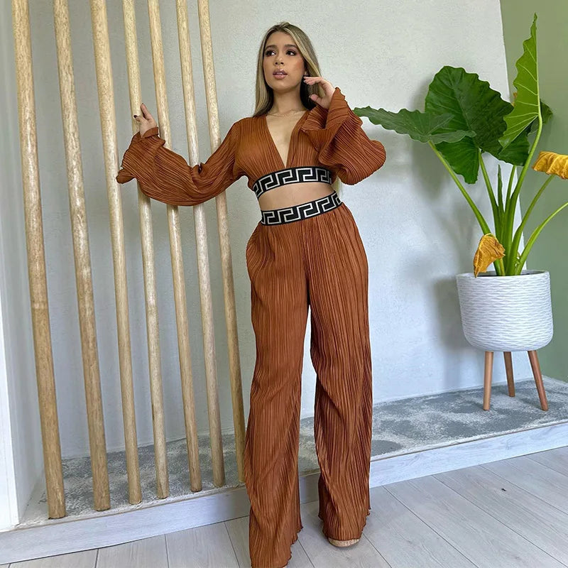 2 Piece Sets Women V Neck Flared Long Sleeve Crop Top Wide Leg Pant Sets Loose Pant