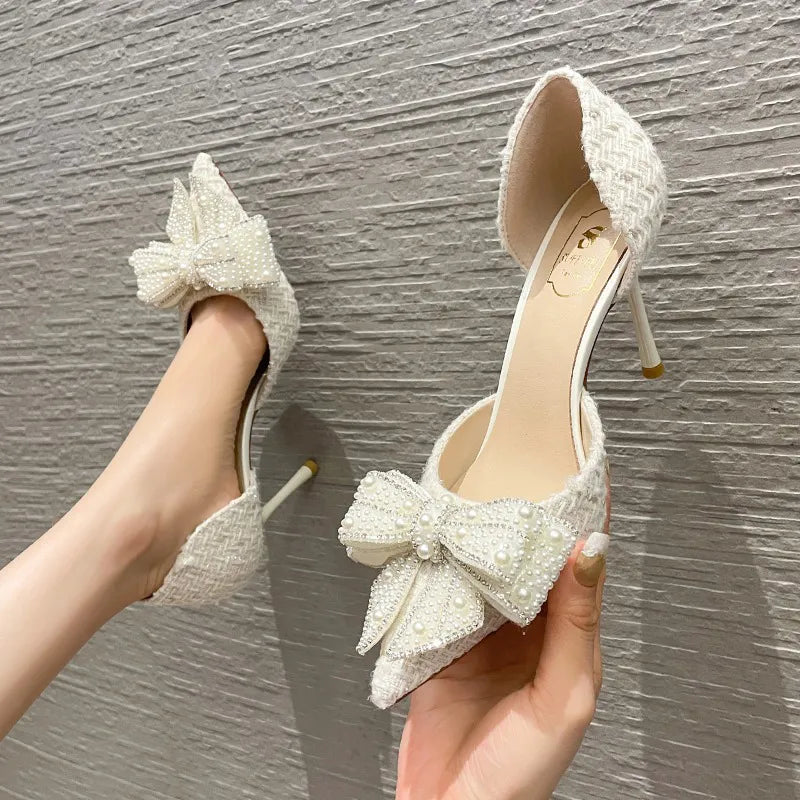 Luxury Pearl Crystal Bowtie White Wedding Shoes